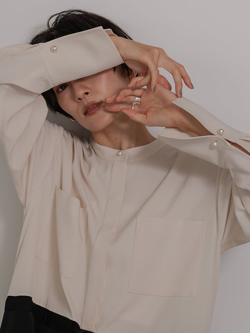【 予約:11月下~12/上旬 】パールロングシャツOP /5436-488BKK