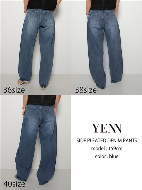 SIDE PLEATED DENIM PANTS / Y242-31045 /【 L-BLUE 】